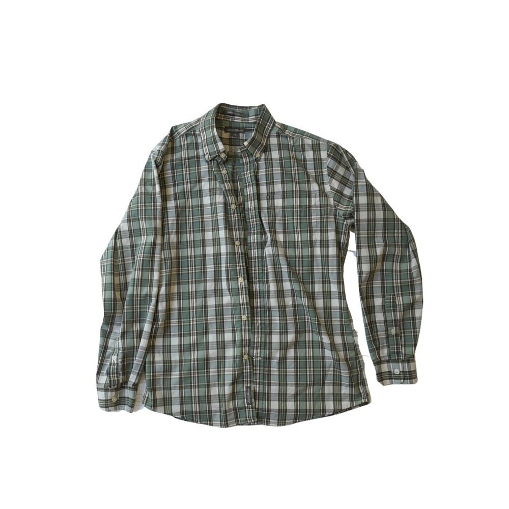 Eddie Bauer Mens Wrinkle Free Classic Fit Plaid Button Down Shirt Green M